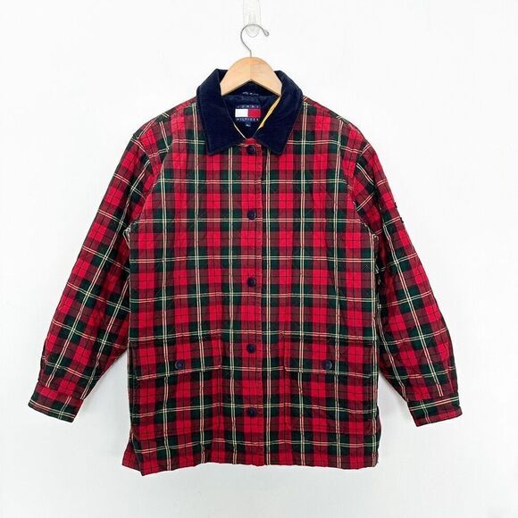 Tommy Hilfiger 1990’s Quilted Heritage Plaid Snap Button Down Corduroy Collar Ny - Picture 1 of 15